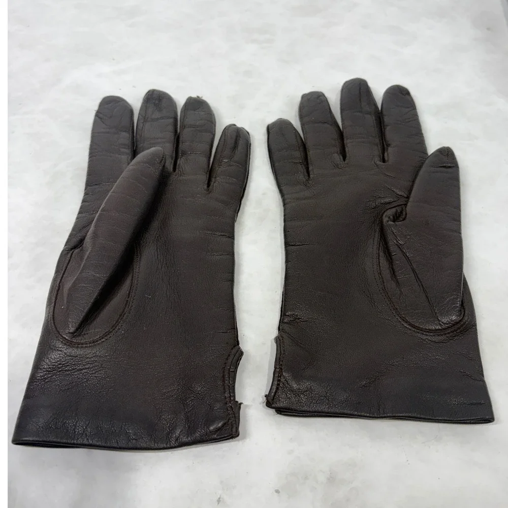Vintage Dark Brown Leather Gloves Knit Lined Small Medium Winter Classic Brown